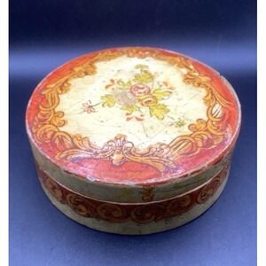 VTG Papier-Mâche Box W/ Lid-Japan-6.25" Diameter- Orange/Yellow Floral Decor